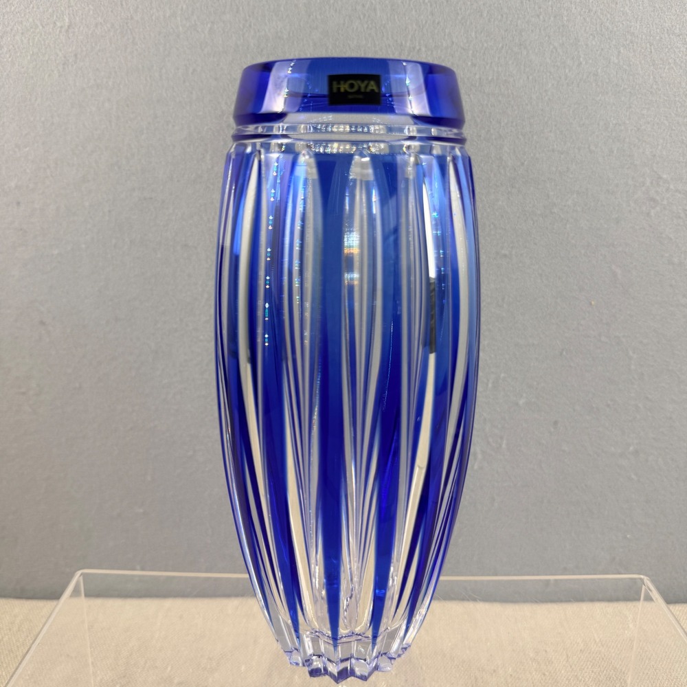 Hoya Cobalt Blue Cut Crystal‎ Vase Japanese Modernist Faceted 8"